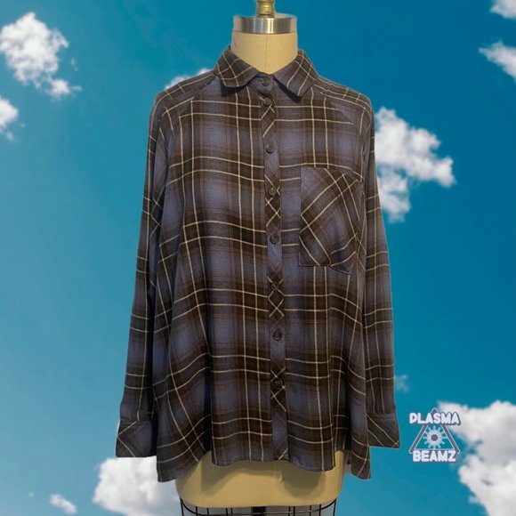By Together Oversize Blue Plaid Button-Down Shirt S - Picture 2 of 8